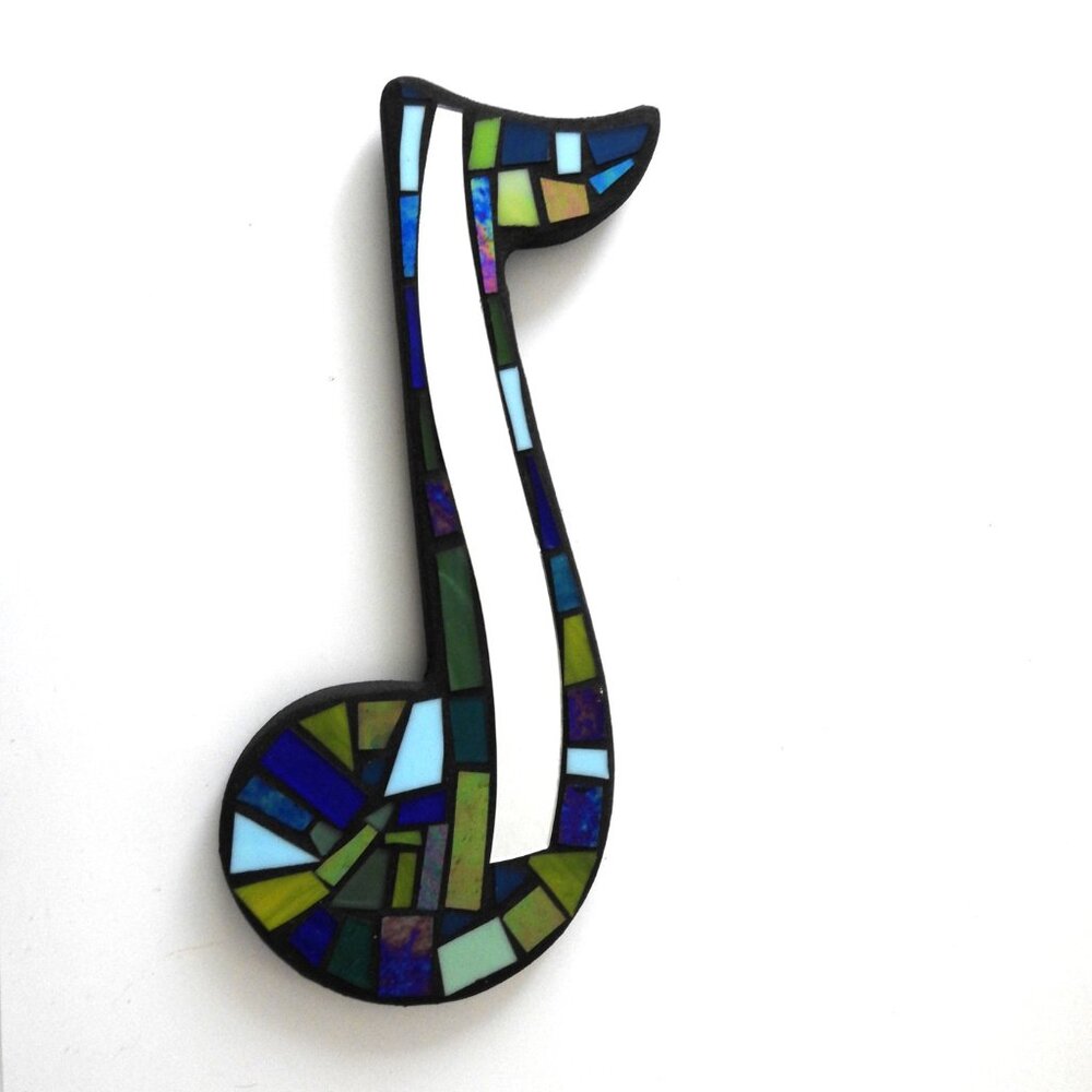 Colored Glass and Mirror Mosaic Music Note Symbol Wall Decor Plaque Artisan